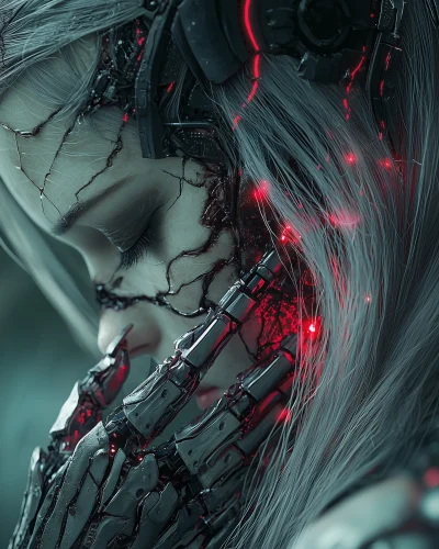 Broken Cyborg Girl in Horror Atmosphere