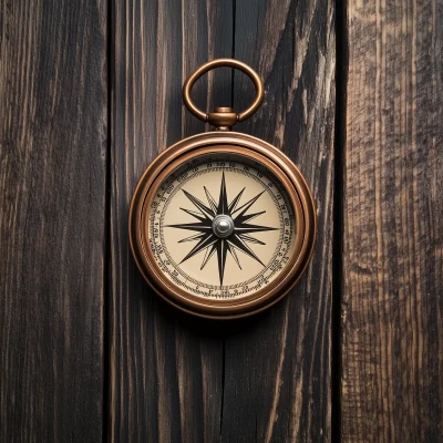 Aerial view of a compass on a wooden table