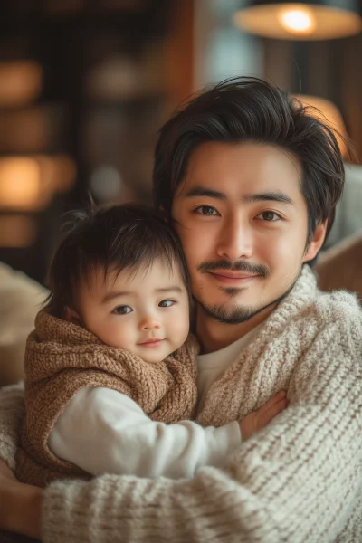 Japanese Father and Son Hug in Cozy Living Room