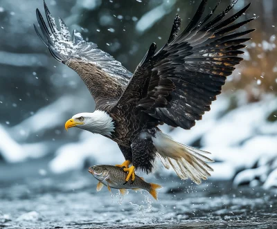 Bald Eagle Catching Fish in River