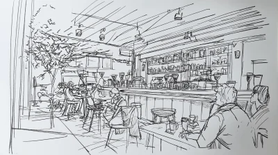 Free Hand Black Pen Sketch of Coffee Shop