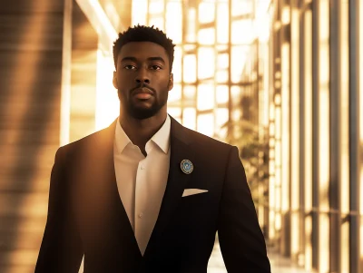 Confident African man in debonair style walking in a state-of-the-art building