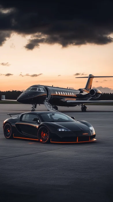 Luxury Black Car and Private Jet at the Airport