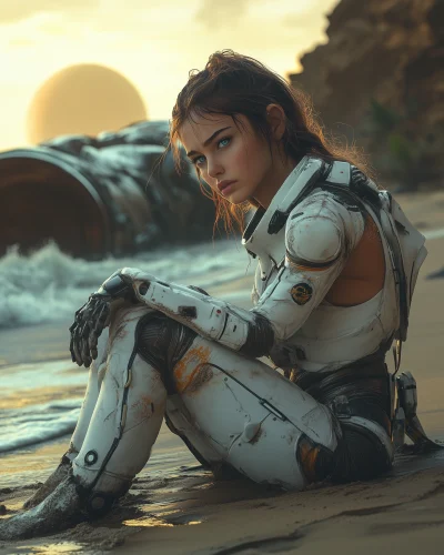 Young Supermodel in Sci-Fi Armor Suit on Alien Planet