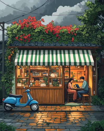 Small Shop Exterior in Anime Illustration Style