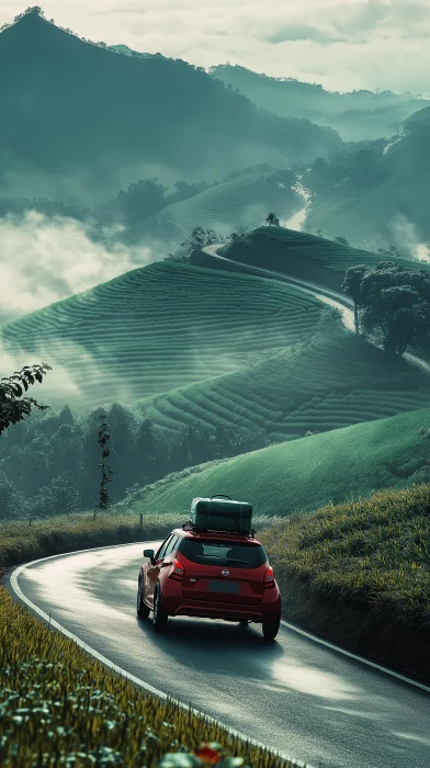 Car on a Mountain Road with Suitcase on Roof