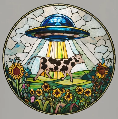 Stained Glass Window – Cow Abducted by UFO