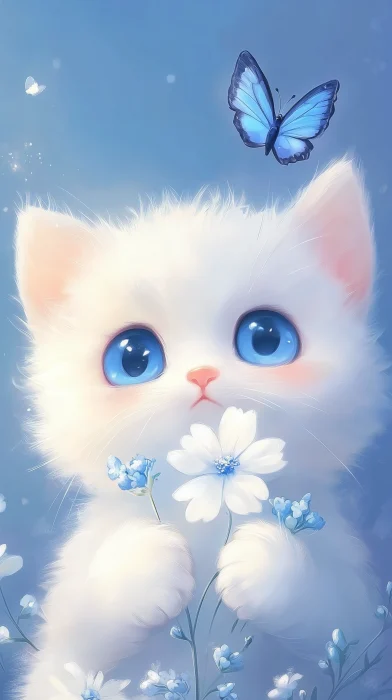 Cute Kitten with Flowers and Butterfly