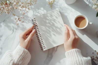 Feminine Hands Holding Golden Spiral Notebook