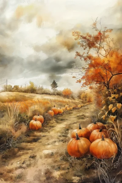 Autumn Pumpkin Field Watercolor Painting