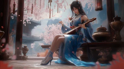 Beautiful Woman Playing Musical Instrument in Ancient Chinese Room