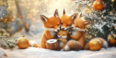 Adorable Foxes Cuddling and Christmas Decorations