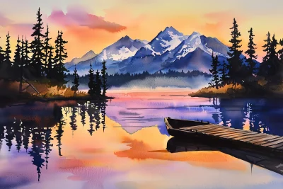 Sunrise Mountain Lake Watercolor Painting