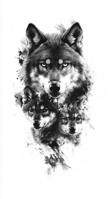 Wolf and Cubs Tattoo Design