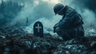 World War II Soldier Kneeling Beside Grave