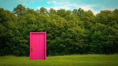 Vibrant Pink Door in Green Field