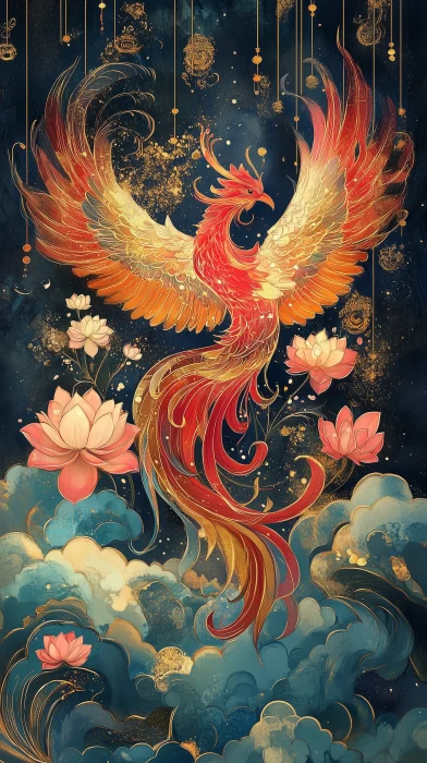 Red and Gold Phoenix in Traditional Chinese Art Style