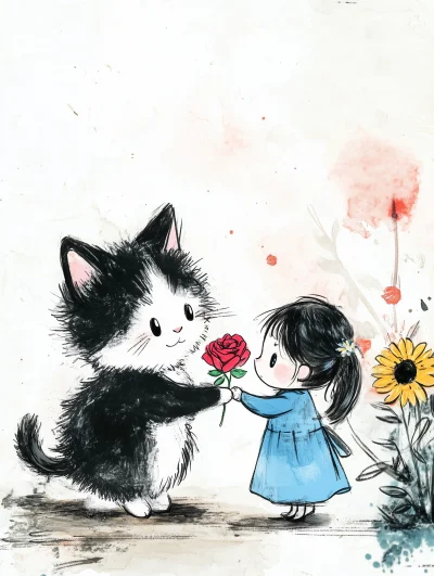 Lovely Cat and Girl with Roses