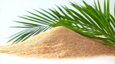 Dry beach sand heap with palm and sea