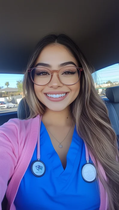 Happy Young Nurse in Car