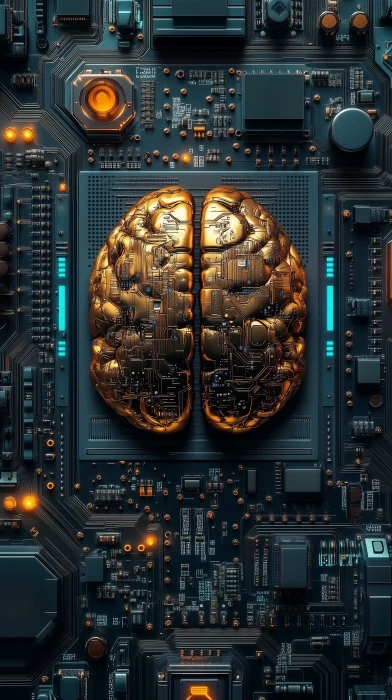 Bio-Mech Golden Human Brain Microchip in Sci-Fi Lab