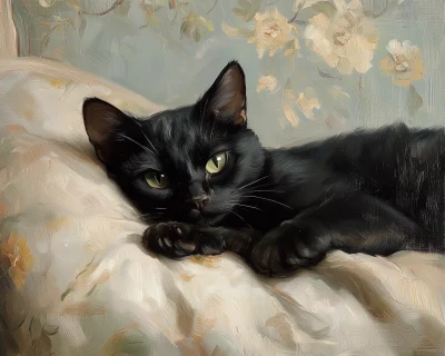 Vintage Black Cat Oil Painting