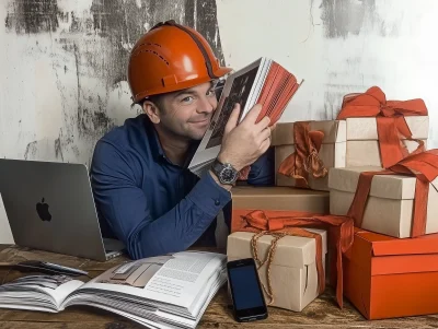 Man in Construction Helmet at Table