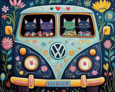 Love, Peace, and Flowers VW Van with Cats