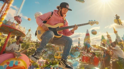 Floating Bass Guitar Player in Amusement Park