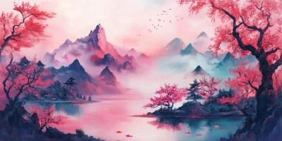 Japanese Style Pink Mountains Painting