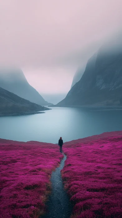 Woman walking on narrow path