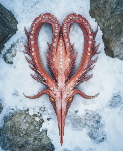 Aerial View of Strange Creatures with Red Tentacles on Ice Island