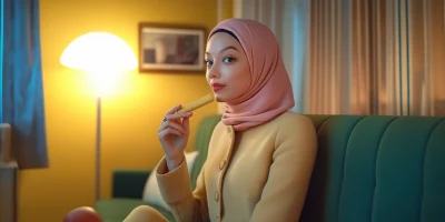 Asian Woman in Hijab Eating Snack in Living Room