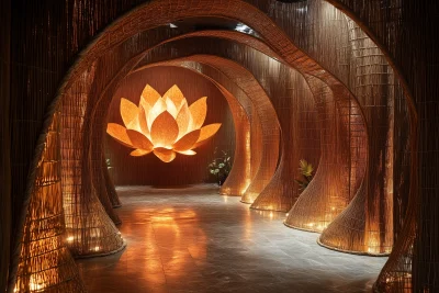 Bamboo Woven Walls with Lotus Flower Illustration