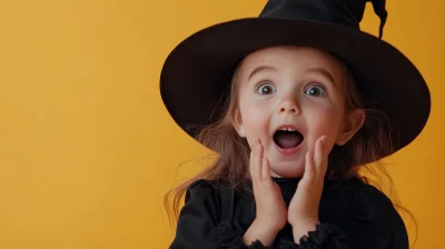 Astonished Little Girl in Halloween Witch Outfit