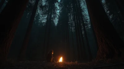 Girl by Bonfire in Dark Forest