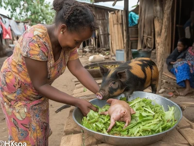 Malagasy Woman Petting a Pig in Madagascar Restaurant