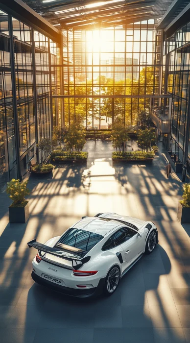 White Porsche GT3 RS in Modern Architecture Building