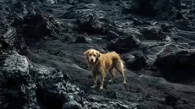 Dog in a Dark Lava Field