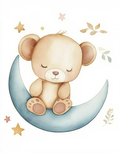 Sleeping Teddy Bear on Crescent Moon Watercolor Painting