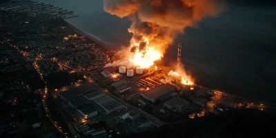 Cinematic Night Aerial View of City by the Sea