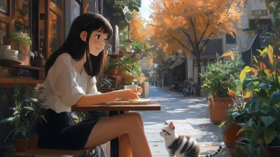 Happy Girl at Cafe with Cat Illustration