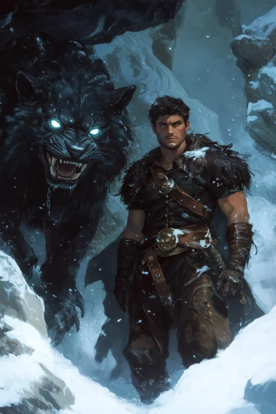 Warrior in Snowy Cavern with Sabertooth Tiger