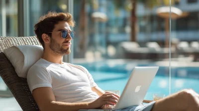 Young man working on a laptop in a luxurious setting