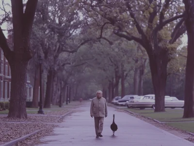 Man with Black Swan Outside Corporate Building