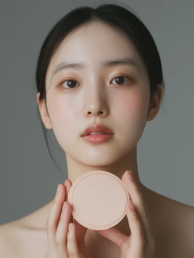 Portrait of a Innocent Young Woman with Compact Foundation