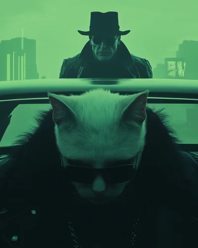 Surreal Cyberpunk Portrait with Cat and Old Man