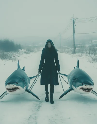 Woman Walking Sharks on Chains