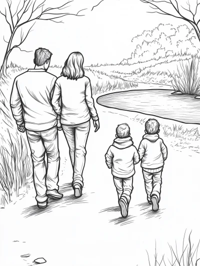 Family Walk in Coloring Book Style