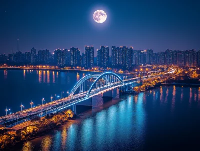 Nighttime View of Illuminated Blue Bridge Across West Lake